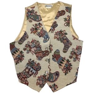 VTG Christmas Tapestry Vest Women's M Tan Holiday Party Winter Novelty Stockings